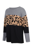 Casual Leopard Patchwork Contrast O Neck Tops