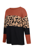 Casual Leopard Patchwork Contrast O Neck Tops