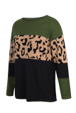 Casual Leopard Patchwork Contrast O Neck Tops