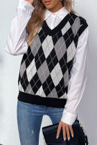 Casual Plaid Basic  Contrast V Neck Tops