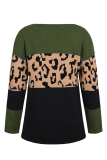 Casual Leopard Patchwork Contrast O Neck Tops