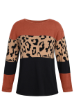 Casual Leopard Patchwork Contrast O Neck Tops