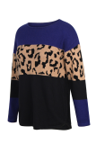 Casual Leopard Patchwork Contrast O Neck Tops