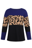Casual Leopard Patchwork Contrast O Neck Tops