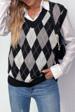 Casual Plaid Basic  Contrast V Neck Tops