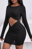 Fashion Street Solid Hollowed Out O Neck Wrapped Skirt Dresses