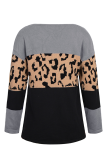 Casual Leopard Patchwork Contrast O Neck Tops