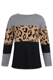 Casual Leopard Patchwork Contrast O Neck Tops