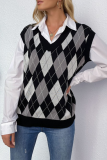 Casual Plaid Basic  Contrast V Neck Tops