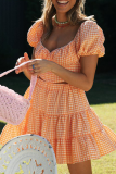 Fashion Sweet Plaid Frenulum Backless V Neck Short Sleeve Two Pieces