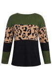 Casual Leopard Patchwork Contrast O Neck Tops