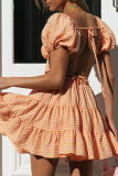 Fashion Sweet Plaid Frenulum Backless V Neck Short Sleeve Two Pieces