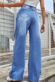 Fashion Simplicity Solid Ripped Mid Waist Loose Denim Jeans