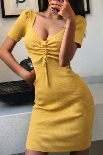 Elegant Solid Draw String Frenulum V Neck Pencil Skirt Dresses
