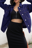 Fashion Street Solid Buckle Turndown Collar Long Sleeve Loose Denim Jacket