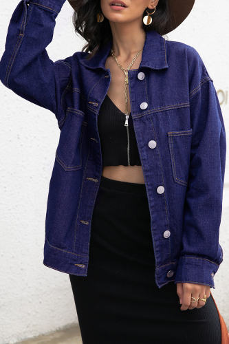 Fashion Street Solid Buckle Turndown Collar Long Sleeve Loose Denim Jacket