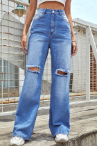 Fashion Simplicity Solid Ripped Mid Waist Loose Denim Jeans