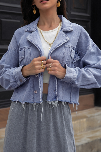 Fashion Street Solid Tassel Buckle Turndown Collar Long Sleeve Loose Denim Jacket
