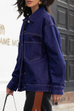 Fashion Street Solid Buckle Turndown Collar Long Sleeve Loose Denim Jacket