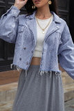 Fashion Street Solid Tassel Buckle Turndown Collar Long Sleeve Loose Denim Jacket