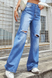 Fashion Simplicity Solid Ripped Mid Waist Loose Denim Jeans