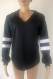 Casual Striped Split Joint Draw String Hooded Collar Tops