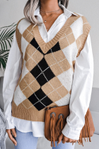 Casual Plaid Geometric  Contrast V Neck Tops Sweater