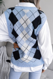 Casual Plaid Geometric  Contrast V Neck Tops Sweater