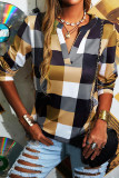 Fashion Casual Plaid Split Joint V Neck T-Shirts