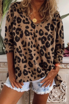 Casual Leopard Split Joint Basic V Neck Tops