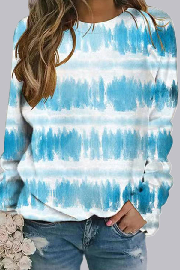 Fashion Casual Print Split Joint O Neck Tops