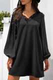 Casual Patchwork Lace  Contrast V Neck A Line Dresses