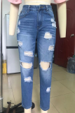 Street Patchwork Tassel Ripped Capris Straight Bottoms