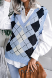 Casual Plaid Geometric  Contrast V Neck Tops Sweater