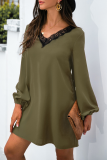 Casual Patchwork Lace  Contrast V Neck A Line Dresses
