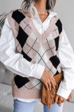 Casual Plaid Geometric  Contrast V Neck Tops Sweater