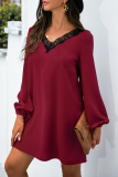 Casual Patchwork Lace  Contrast V Neck A Line Dresses