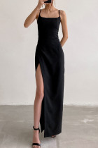 Fashion Street Solid Slit Spaghetti Strap One Step Skirt Dresses