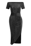 Fashion Elegant Solid Slit Sequined Off the Shoulder Wrapped Skirt Dresses