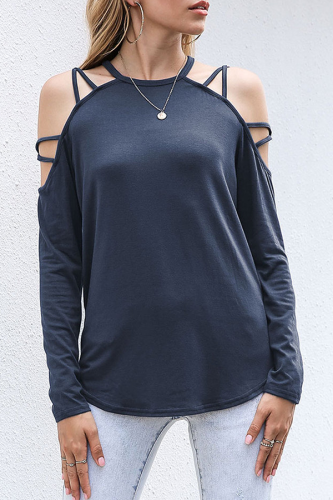 Casual Solid Hollowed Out Split Joint O Neck Tops