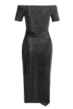 Fashion Elegant Solid Slit Sequined Off the Shoulder Wrapped Skirt Dresses