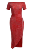 Fashion Elegant Solid Slit Sequined Off the Shoulder Wrapped Skirt Dresses