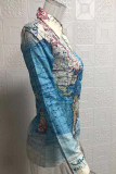 Casual Print Patchwork Buckle Turndown Collar Tops