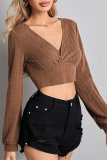 Casual Solid Split Joint V Neck Tops