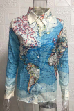 Casual Print Patchwork Buckle Turndown Collar Tops