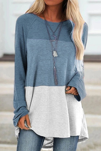 Casual Patchwork Basic  Contrast O Neck Tops