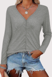 Casual Solid Buckle V Neck Tops