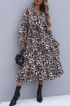 Fashion Street Leopard Split Joint V Neck A Line Dresses