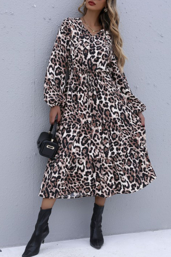 Fashion Street Leopard Split Joint V Neck A Line Dresses