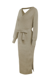 Casual Elegant Solid Backless Slit Strap Design V Neck Pencil Skirt Dresses